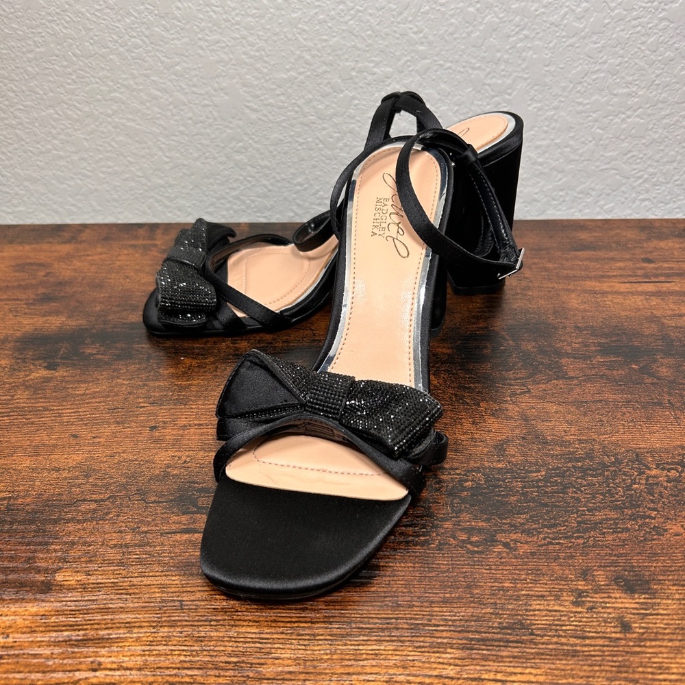 Jewel Badgley Mischka April sandals with a satin bow and crystal embellishments